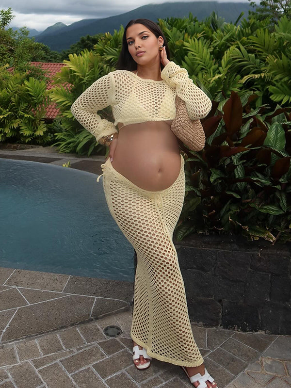 Momyknows Yellow Crochet Hollow Out Crop Backless Two Piece Set Cover Up Maternity Maxi Dress