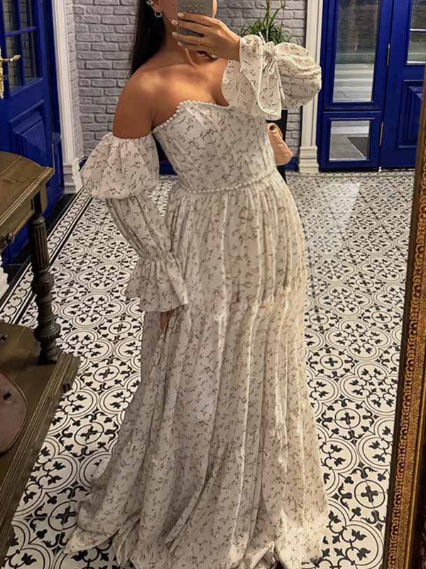 Momyknows Beige Floral Off Shoulder Pearls Big Swing Boho Maternity Maxi Dress