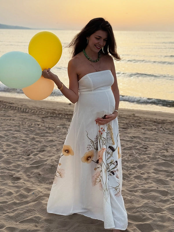 Momyknows White Flowers Photoshoot Maternity Maxi Dress