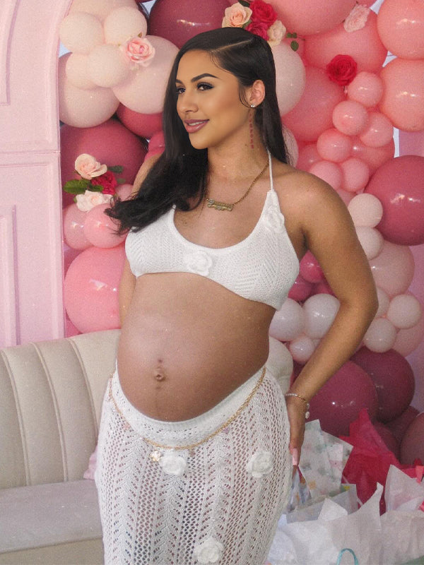 Momyknows White 2 Pieces 3D Flowers Knit Photoshoot Maternity Maxi Dress