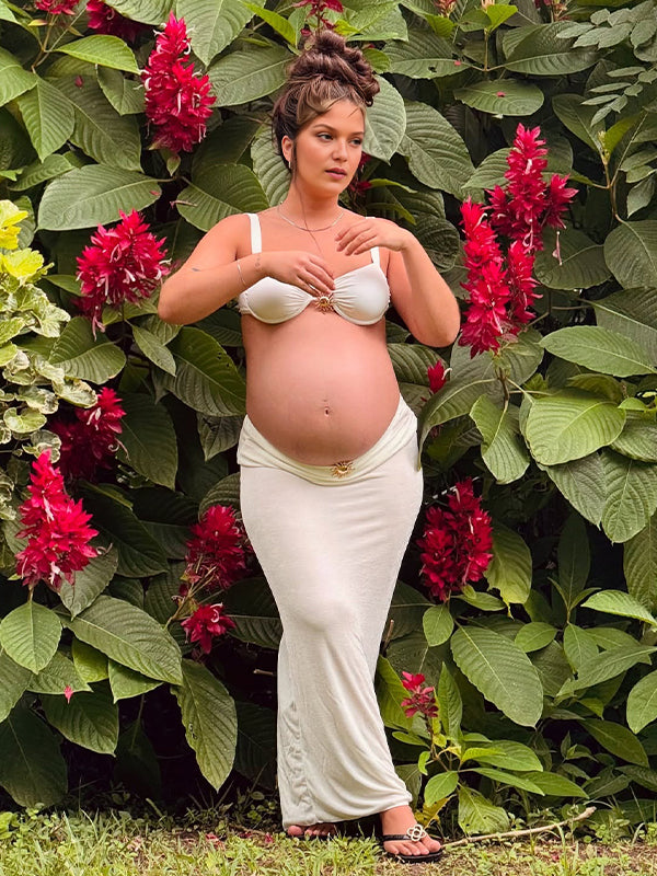 Momyknows White 3 Pieces Buckle Photoshoot Maternity Maxi Swimwear Dress