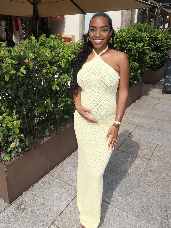 Momyknows Yellow Knit Backless Vocation Maternity Maxi Dress