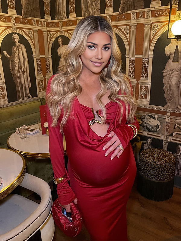 Momyknows Red Cut Out Buckle Mermaid Party Maternity Maxi Dress