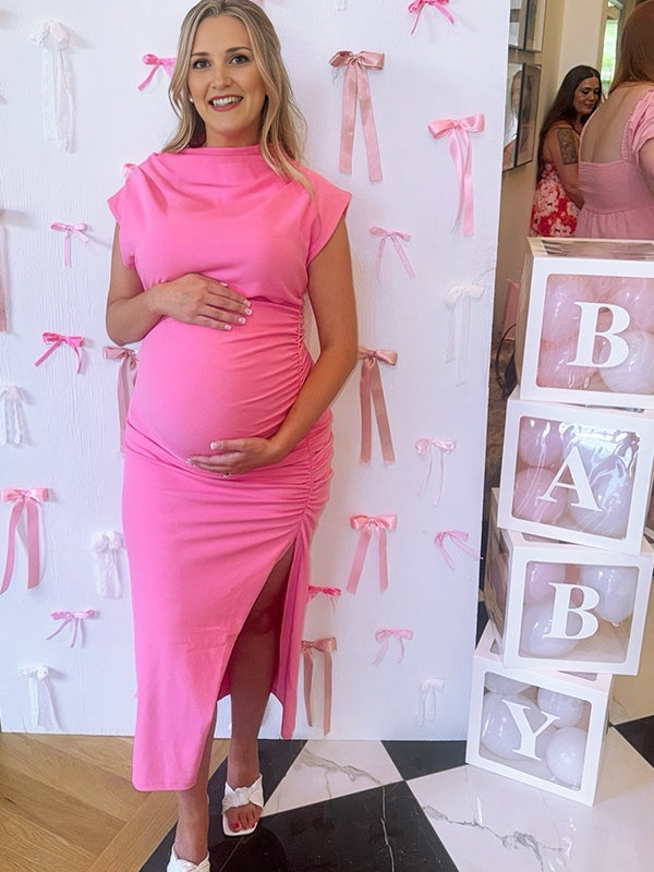 Momyknows Rose Carmine Ruched Side Slit Maternity Baby Shower Maxi Dress