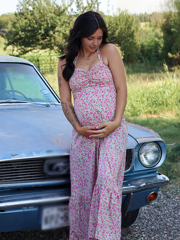 Momyknows Red Halter Neck Stamp Duty Maternity Photoshoot Maxi Dress