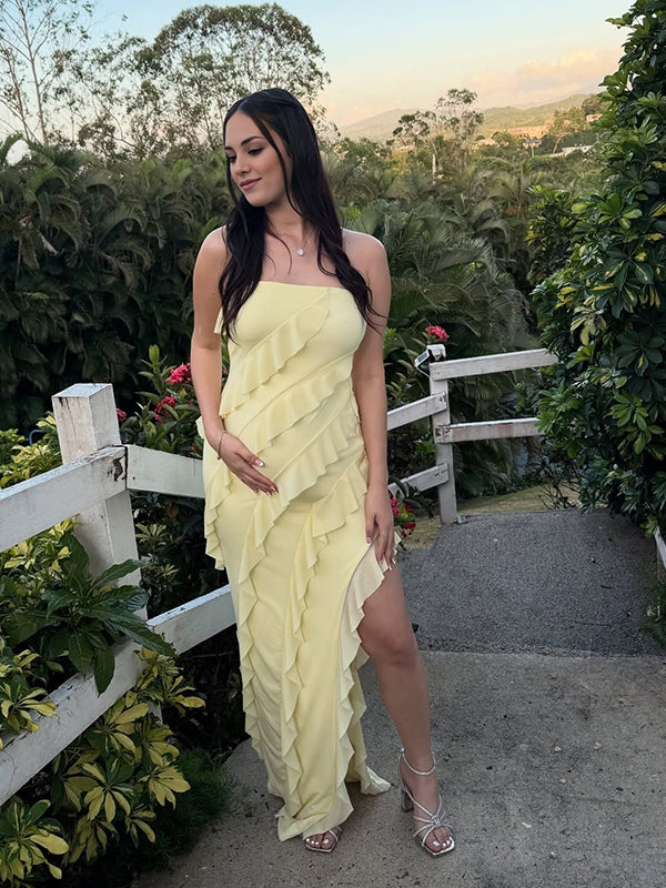 Momyknows Light Yellow Ruffle Side Slit Maternity Photoshoot Maxi Dress