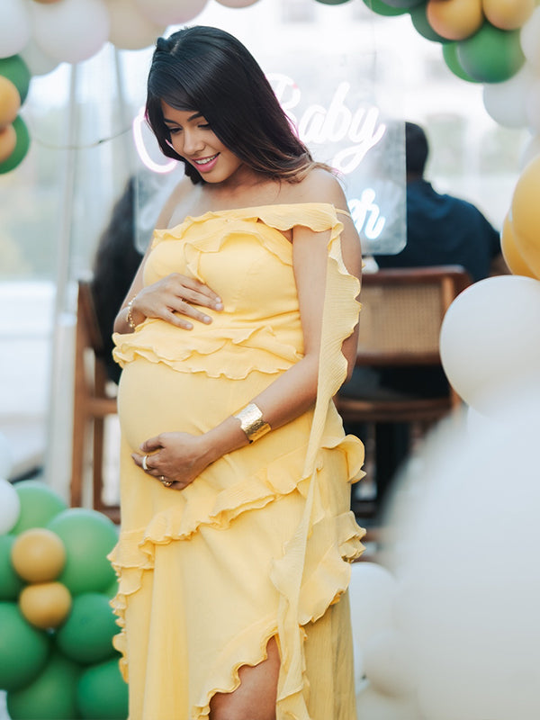 Momyknows Yellow Ruffle Spaghetti Strap Oblique Shoulder Maternity Baby Shower Maxi Dress