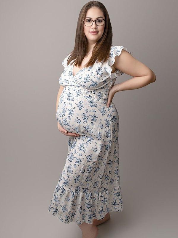 Momyknows Blue Print Stamp Duty Bohemian Maternity Photoshoot Maxi Dress
