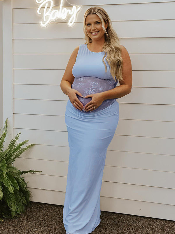Momyknows Lace Patchwork Backless Bodycon Elegant Maternity Maxi Dress