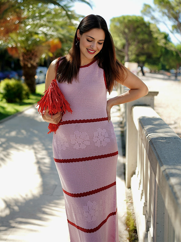 Momyknows Pink Knit Striped Flowers Photoshoot Maternity Maxi Dress