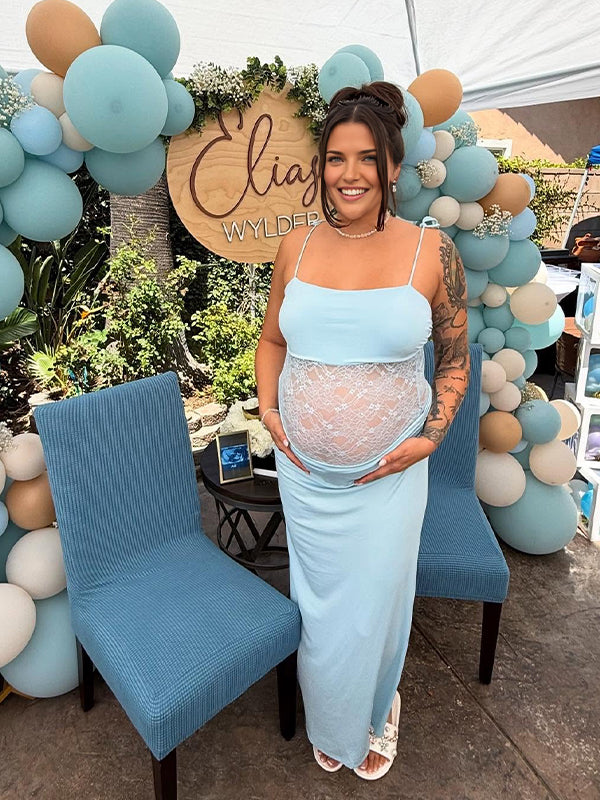 Momyknows Blue Lace Sheer Tie Baby Boy Shower Maternity Maxi Dress