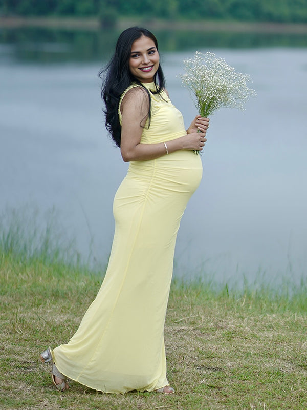 Momyknows Yellow Grenadine Ruched Maternity Photoshoot Maxi Dress