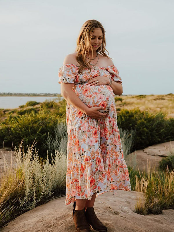 Momyknows Orange Off Shoulder Smoked Scattered Flowers Maternity Photoshoot Maxi Dress