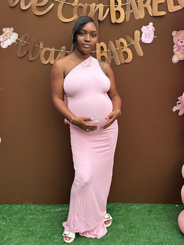 Momyknows Pink Oblique Shoulder Mermaid lace-up Maternity Baby Shower Maxi Dress