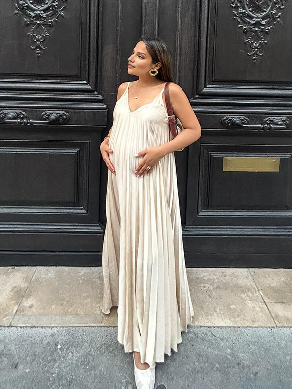 Momyknows Apricot Spaghetti Strap Pleats Plus Size Maternity Photoshoot Maxi Dress