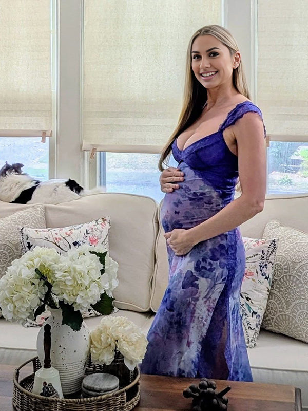 Momyknows Purple Lace Splicing Print Side Slit Maternity Photoshoot Maxi Dress