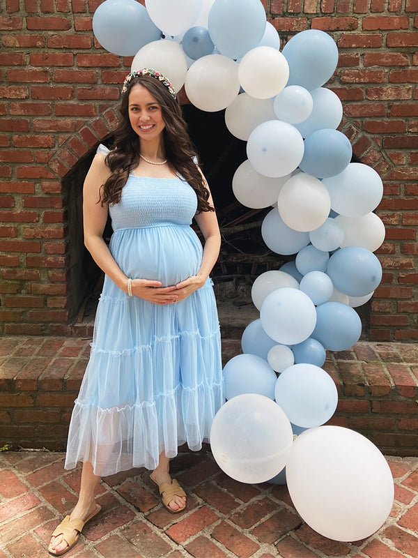 Momyknows Light Blue Smocked Tulle Tutu Ruffle Baby Shower Maternity Maxi Dress