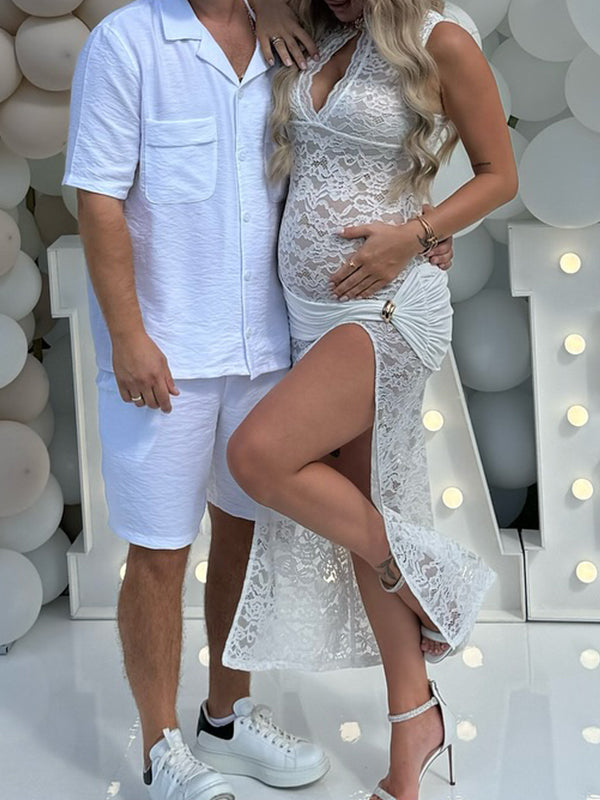 Momyknows White Lace Cut Out Ruched Side Slit Maternity Maxi Dress
