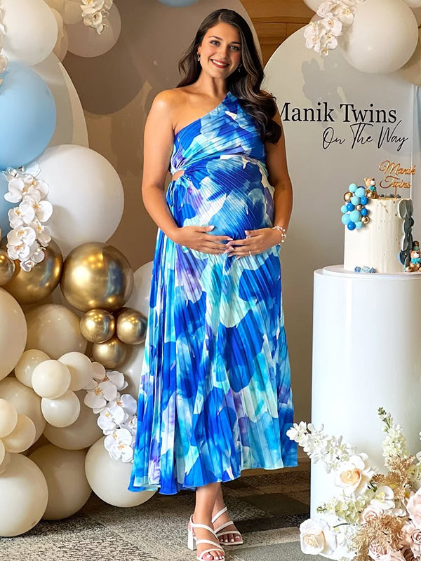 Momyknows Blue Floral One Shoulder Pleated Cut Out Maternity Maxi Dress