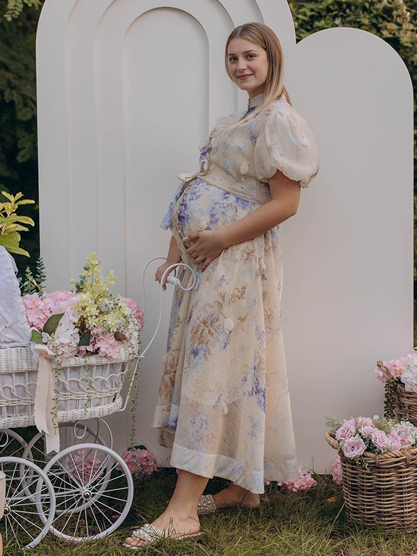 Momyknows Floral Single Breasted Ruffle Belt A-line Princess Maternity Maxi Dress