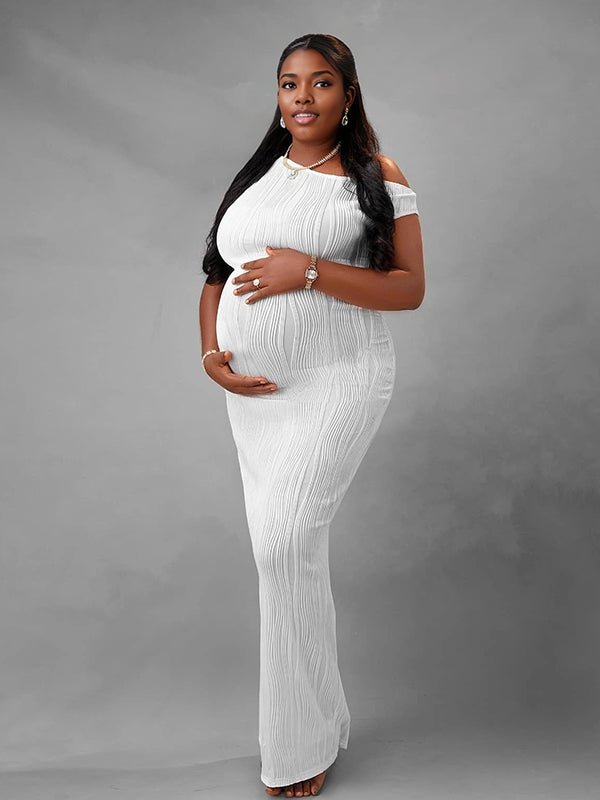 Momyknows White Textured One Shoulder Bodycon Maternity Maxi Dress