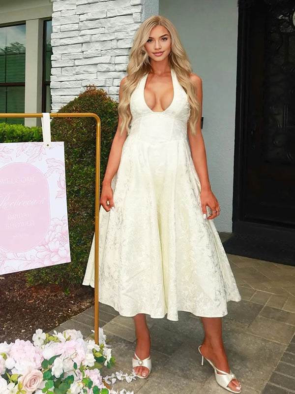 Momyknows Jecquard Bodice Lace-up Tie Back A-line Plunge Halter Neck Princess Maternity Maxi Dress