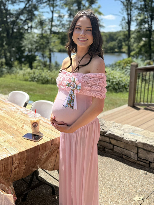 Momyknows Pink Mesh Ruffle Ruched Off Shoulder Big Swing Maternity Maxi Dress