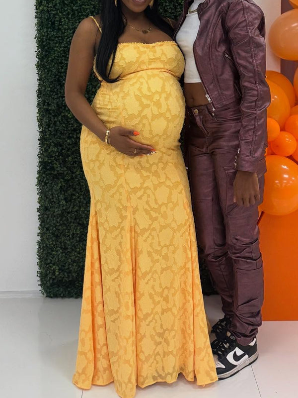 Momyknows Yellow Spaghetti Strap Lace Trumpet Maternity Baby Shower Maxi Dress