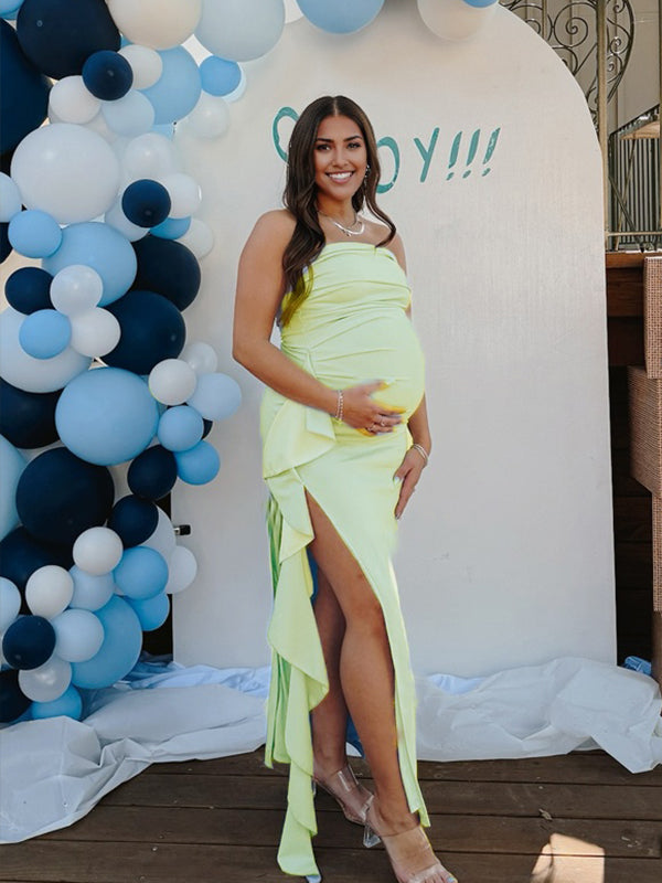 Momyknows Light Yellow Side Slit Irregular Maternity Baby Shower Maxi Dress