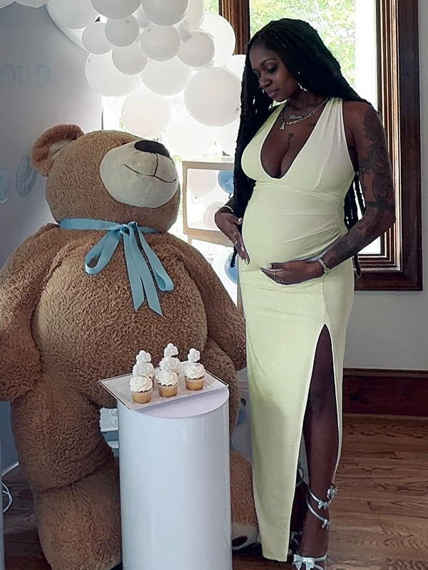 Momyknows White Halter Neck Side Slit Maternity Baby Shower Maxi Dress