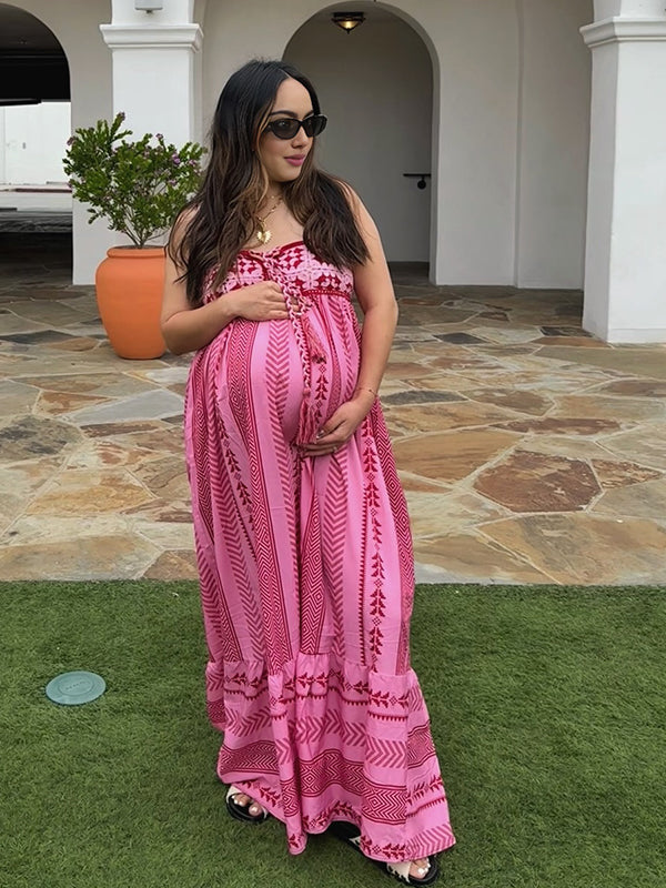 Momyknows Pink Spaghetti Strap Print Crochet Maternity Photoshoot Maxi Dress