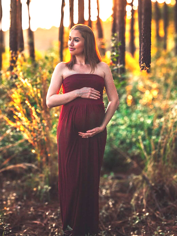 Momyknows Red Off Shoulder Ruched Maternity Photoshoot Maxi Dress