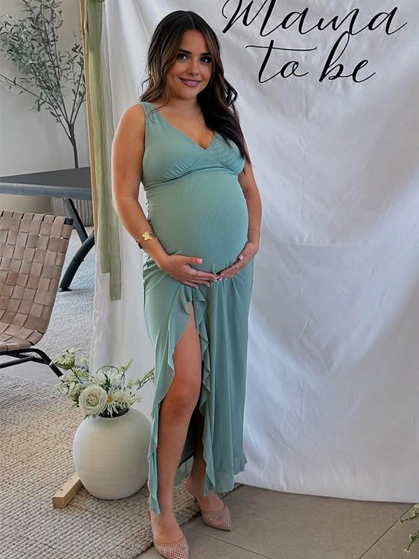 Momyknows Green Ruffle Side Slit V-neck Maternity Maxi Dress