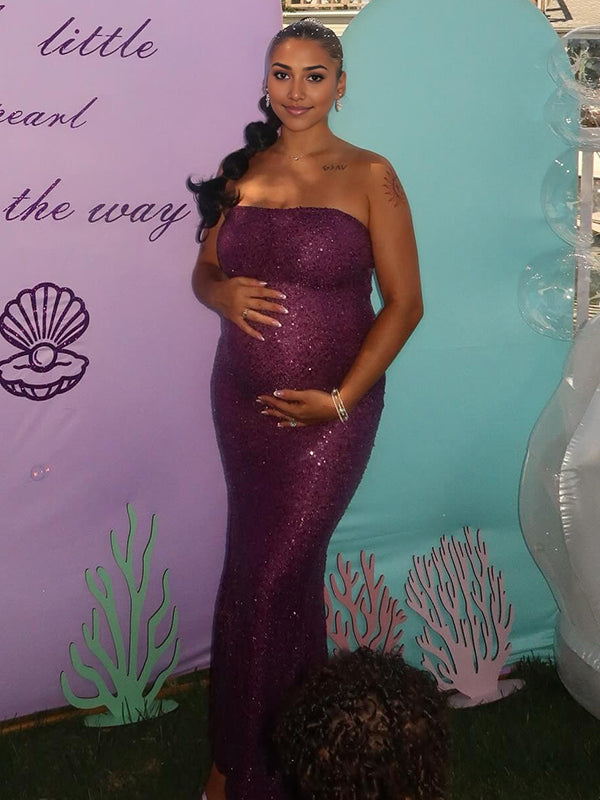 Momyknows Sparkle Sequin Bandeau Strapless Bodycon Maternity Maxi Dress