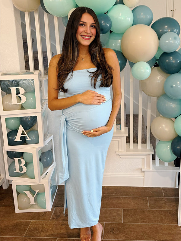 Momyknows Blue Bandeau Ruched Knot Draped Strapless Bodycon Maternity Maxi Dress