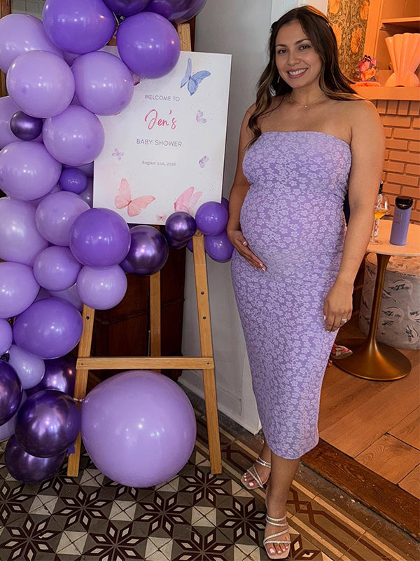 Momyknows Violet Floral Bandeau Ruched Strapless Bodycon Maternity Maxi Dress