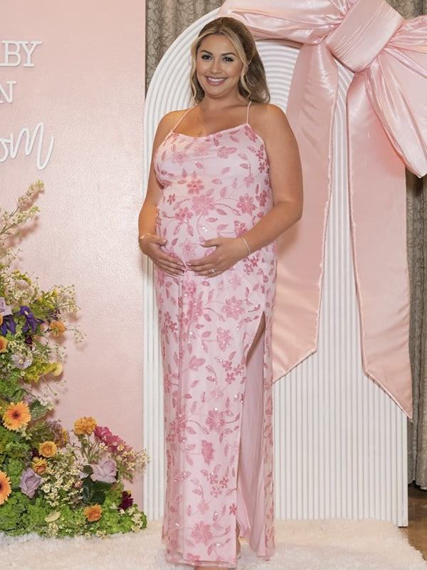 Momyknows Pink Bright Lights Beaded Side Slit Cami Backless Maternity Maxi Dress