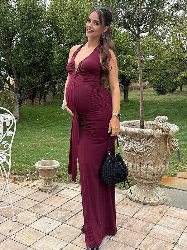 Momyknows Burgundy Ruched Draped Deep V-neck Backless Maternity Maxi Dress