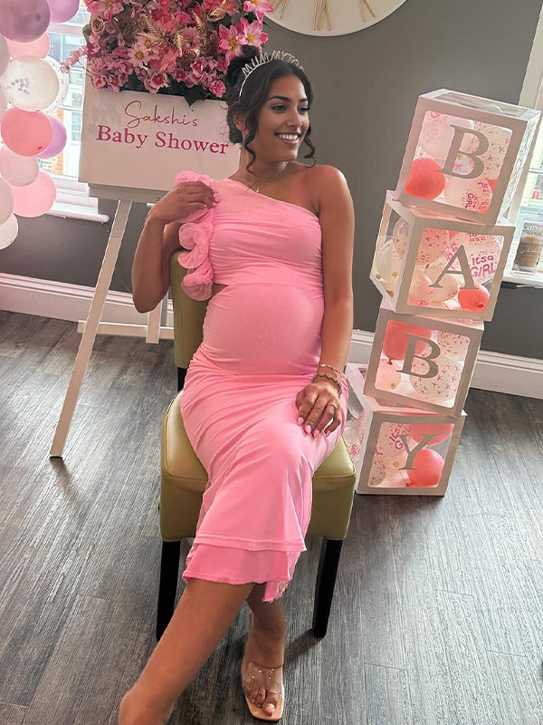 Momyknows Pink Ruffle One Shoulder Cut Out Baby Girl Shower Maternity Maxi Dress