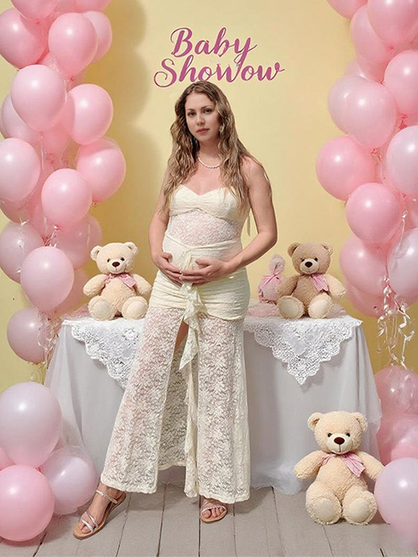 Momyknows Light Yellow Lace Ruffle Slit Sheer Baby Shower Maternity Maxi Dress