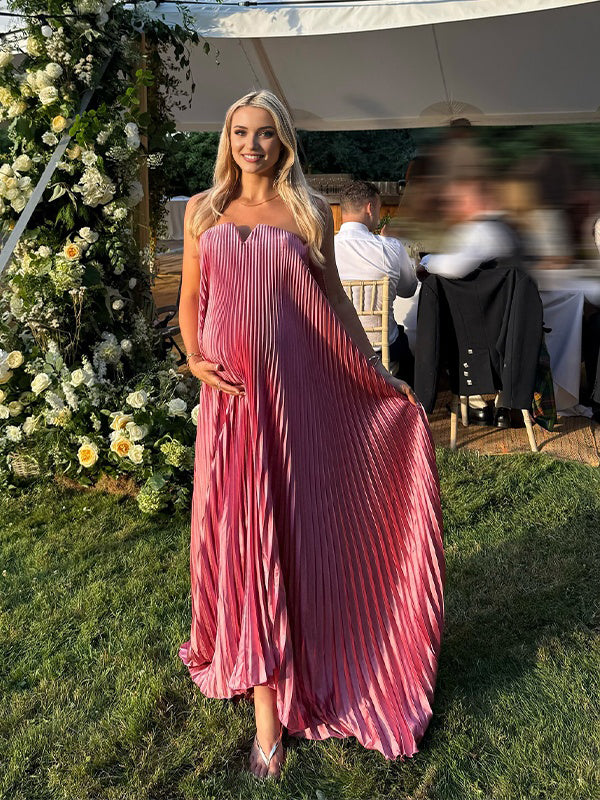 Momyknows Rose Carmine Pleated Bandeau Baby Shower Maternity Maxi Dress Rose Carmine / L