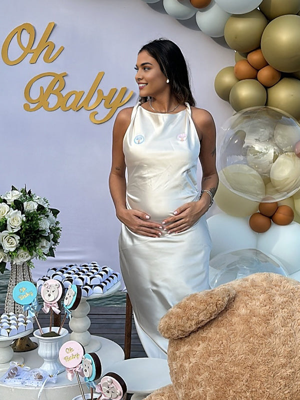 Momyknows Nude Silk Twist Ruched Baby Shower Maternity Maxi Dress