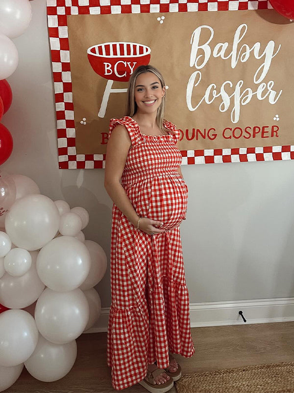 Momyknows Red Plaid Smocked Ruffle Baby Shower Maternity Maxi Dress