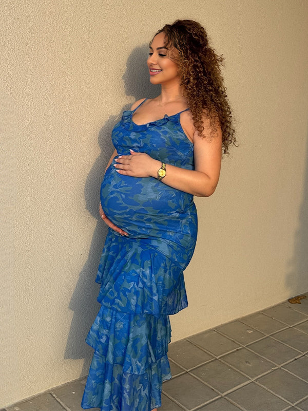 Momyknows Blue Floral Cake Ruffle Mermaid Maternity Maxi Dress