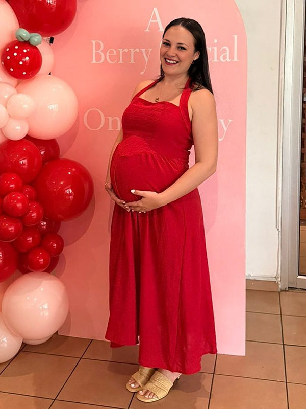 Momyknows Red Halter Neck Open Back Maternity Baby Shower Maxi Dress Red / S Momyknows Red Halter Neck Open Back Maternity Baby Shower Maxi Dress Red / S