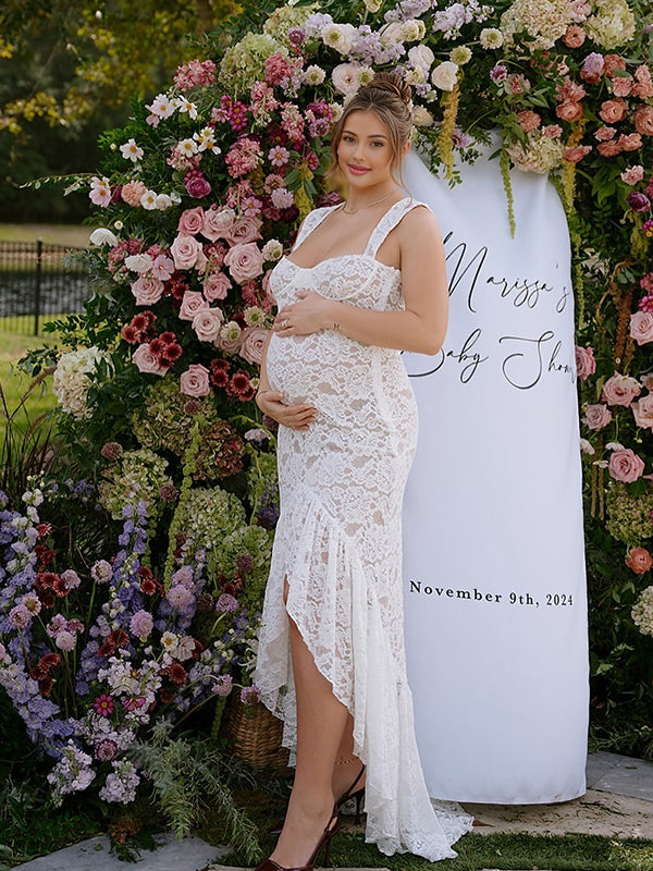 Momyknows White Spaghetti Strap Lace Irregular Maternity Baby Shower Maxi  Dress