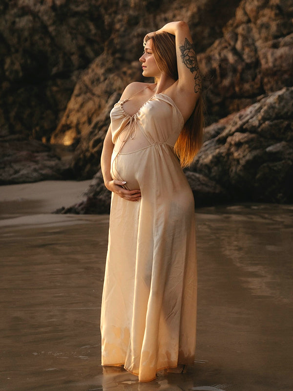Momyknows Apricot lace-up Spaghetti Strap Kimono Cover Up Maternity Photoshoot Maxi Dress