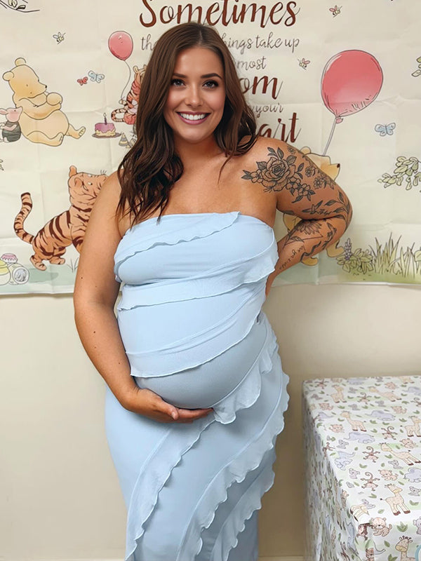 Momyknows Blue Ruffle Falbala Maternity Baby Shower Maxi Dress