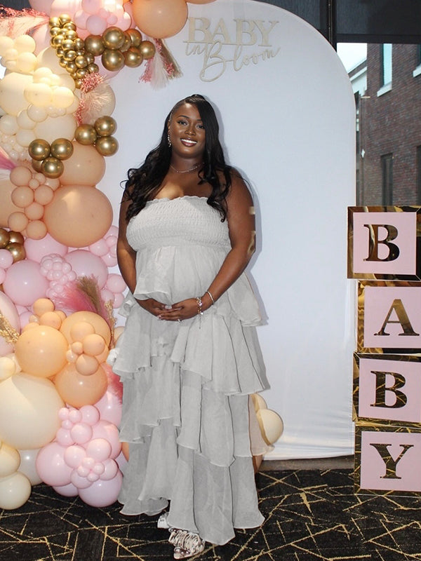 Momyknows Smocked Falbala Ruffle Maternity Baby Shower Maxi Dress
