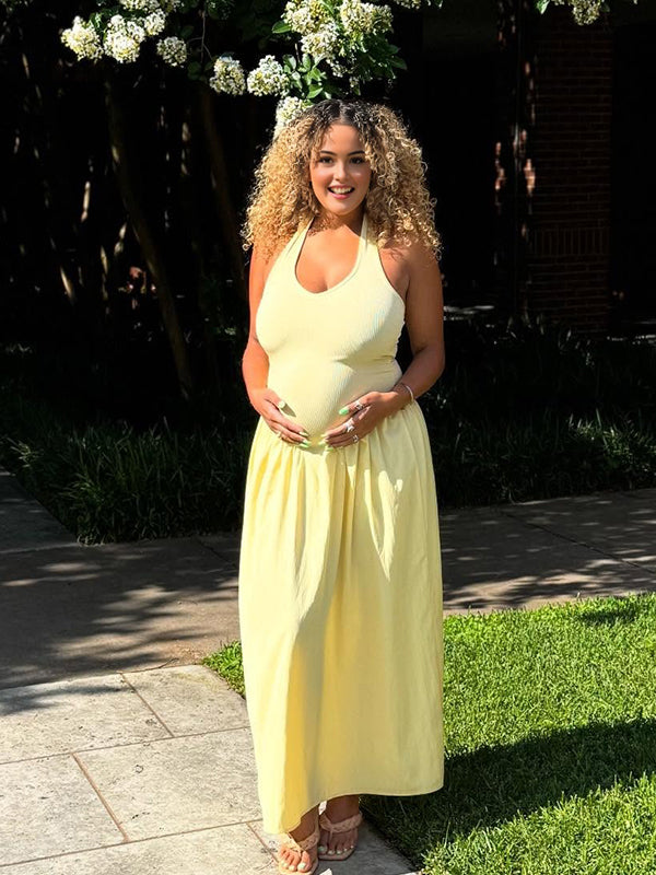Momyknows Yellow Halter Neck Lace-up Maternity Photoshoot Maxi Dress
